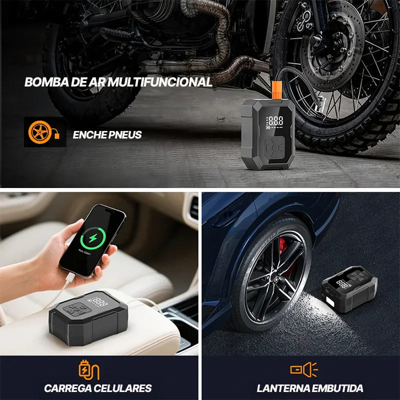 Mini Compressor de Ar Portátil Modelo RoadSafe™ - Recarregável com Power Bank e Lanterna LED