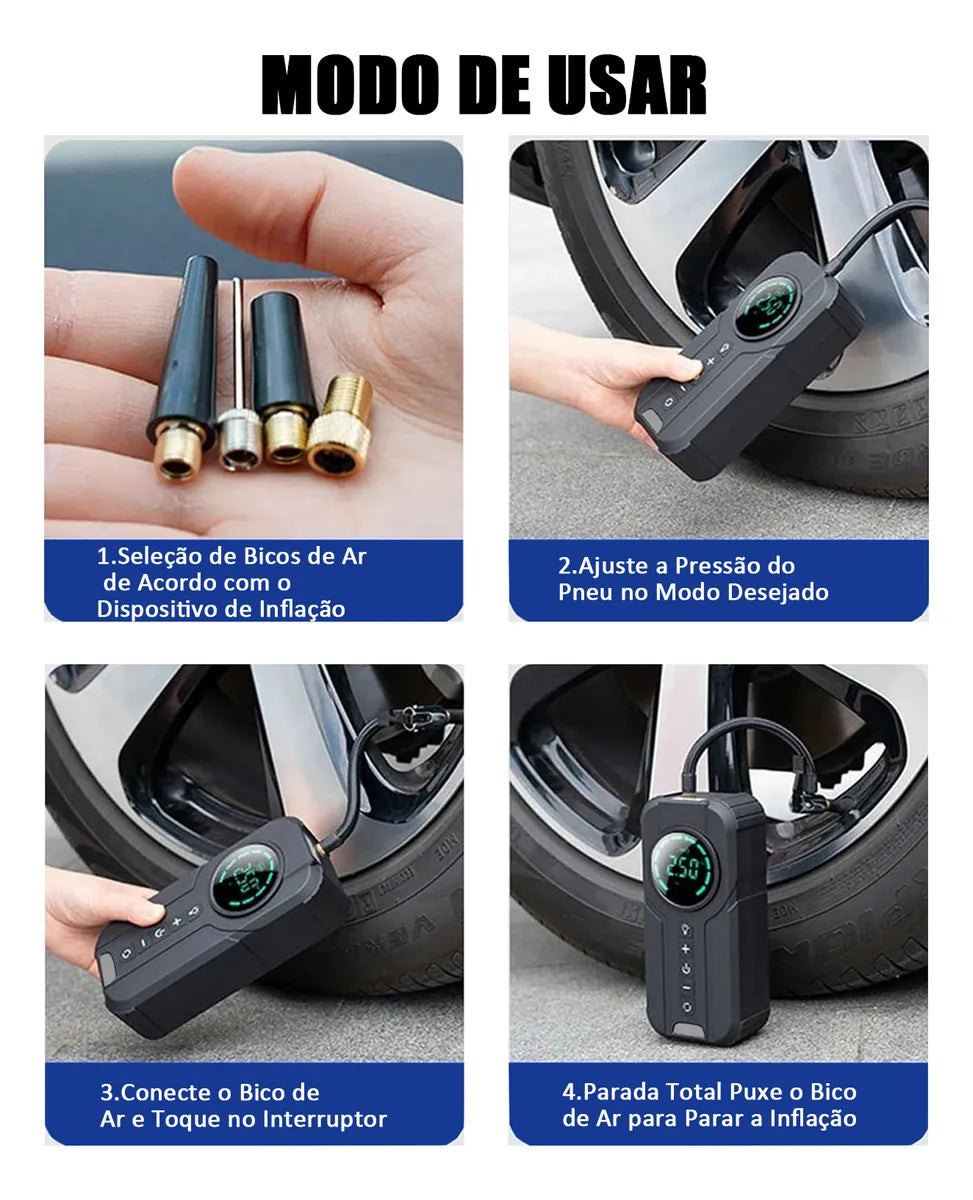 Auxiliar de Partida Portátil 2 em 1 Modelo StarTair - Compressor de Ar Portátil com Display Digital