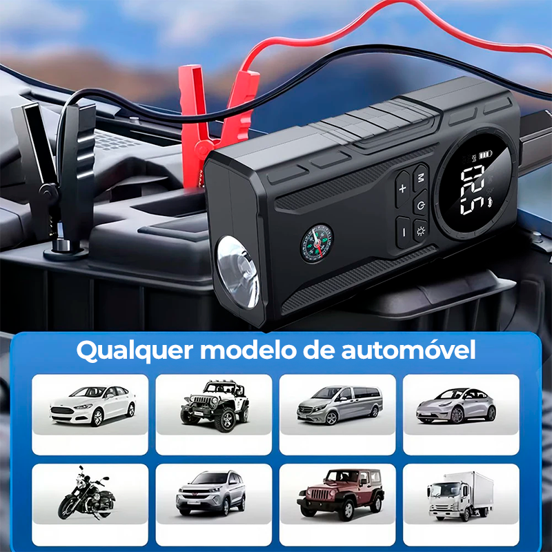Auxiliar de Partida Portátil 4 em 1 Modelo RoadSafe – Compressor de Ar Portátil , Power Bank e Lanterna LED