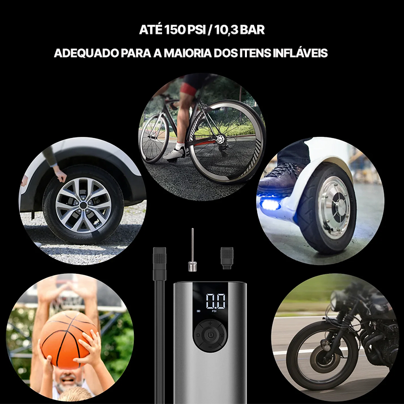 Compressor de Ar Portátil Modelo RoadPulse™ – Com Bateria Recarregável e Luz LED para Carros, Motos, Bicicletas e Bolas