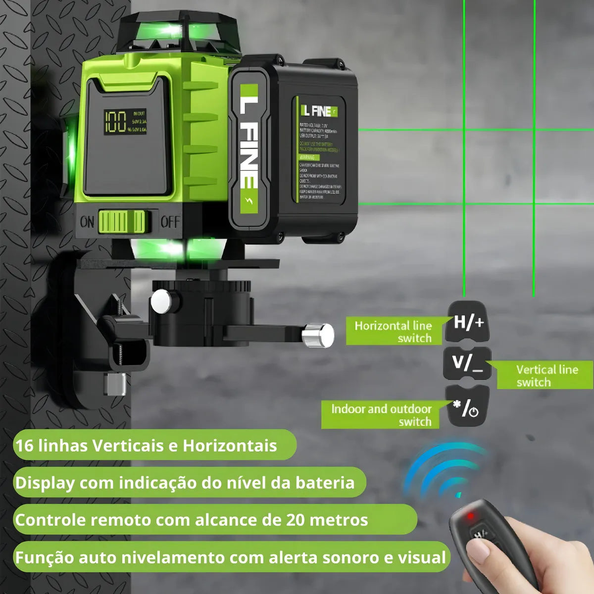 Nível a Laser Profissional Modelo HyperLine 16 Linhas – Feixe Verde, Autonivelante com Controle Remoto e Tripe