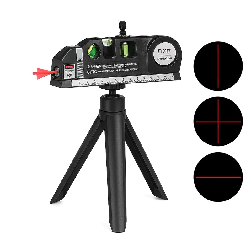 Nível a Laser 3 em 1 Modelo LineMaster -  Fita Métrica, Régua e Bússola com Linha Horizontal, Vertical e Cruzada Com Tripé Portátil